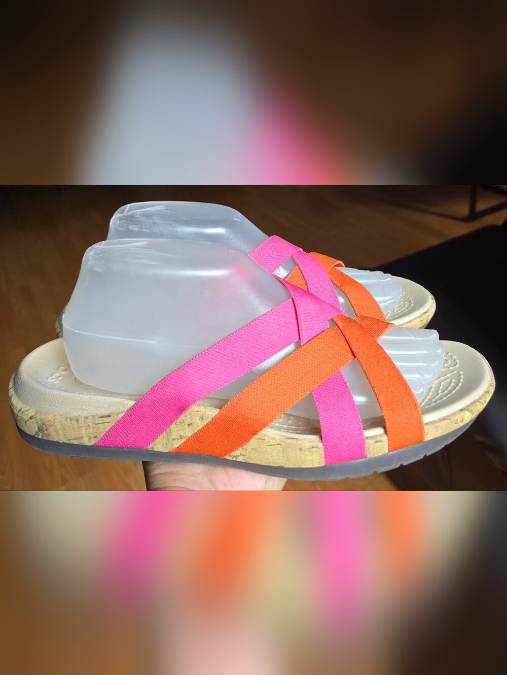 Sz 10 Women's CROCS EDIE STRETCH Strappy Pink/Orange Comfort Sandals - Picture 2 of 5